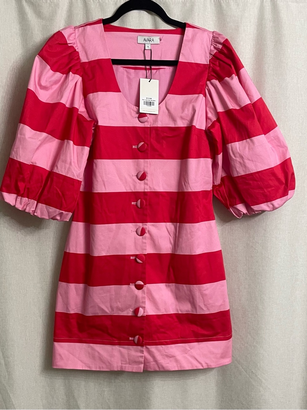 NWT Avara Layla Pink Stripe Puff Sleeve Mini Dress Size Small